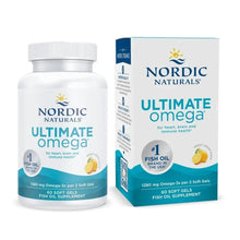 Omega-3 fish oil soft gel supplement bottle with white cap and Ultimate Omega label
