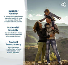 Omega-3 fish oil soft gel supplement lifestyle panel with family outdoors and quality text