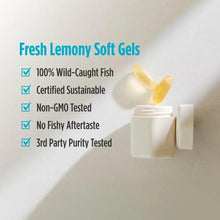 Omega-3 fish oil soft gel box with Fresh Lemony Soft Gels benefits and lemon soft gel