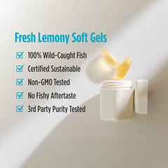 Nordic Naturals bottle with two lemony yellow soft gels and benefits list for Ultimate Omega supplements UAE