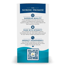 Omega-3 fish oil soft gel supplement box back with Nordic Promise quality and QR code