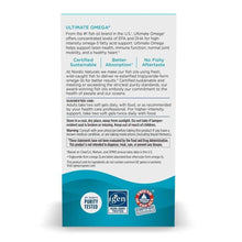 Omega-3 fish oil supplement box back with Ultimate Omega description and certifications