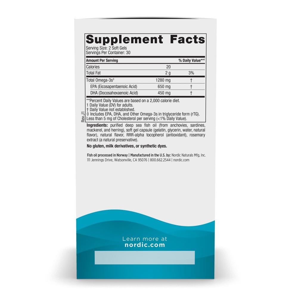 Nordic Naturals supplement facts label for Ultimate Omega supplements UAE showing omega 3 amounts and blue wave design