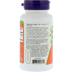 NOW bottle of Ashwagandha capsules 450 mg. white supplement bottle with purple cap and directions label