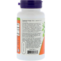 NOW bottle of Ashwagandha capsules 450 mg. white supplement bottle with purple cap and directions label