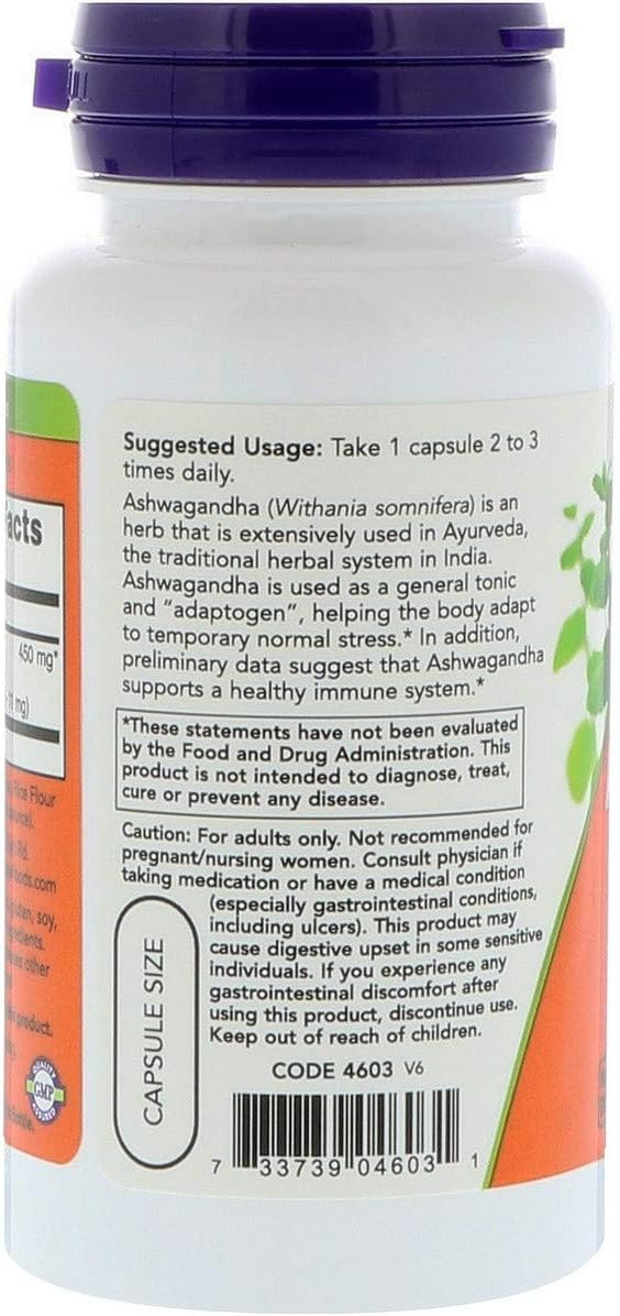 NOW white supplement bottle with purple cap showing label and suggested usage for Ashwagandha capsules 450 mg
