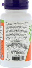 NOW white supplement bottle with purple cap showing label and suggested usage for Ashwagandha capsules 450 mg