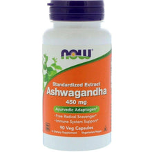 NOW Foods Ashwagandha supplement bottle with purple cap; 90 veg capsules