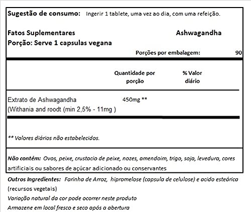 NOW supplement facts label for Ashwagandha capsules 450 mg showing 90 servings vegan capsule