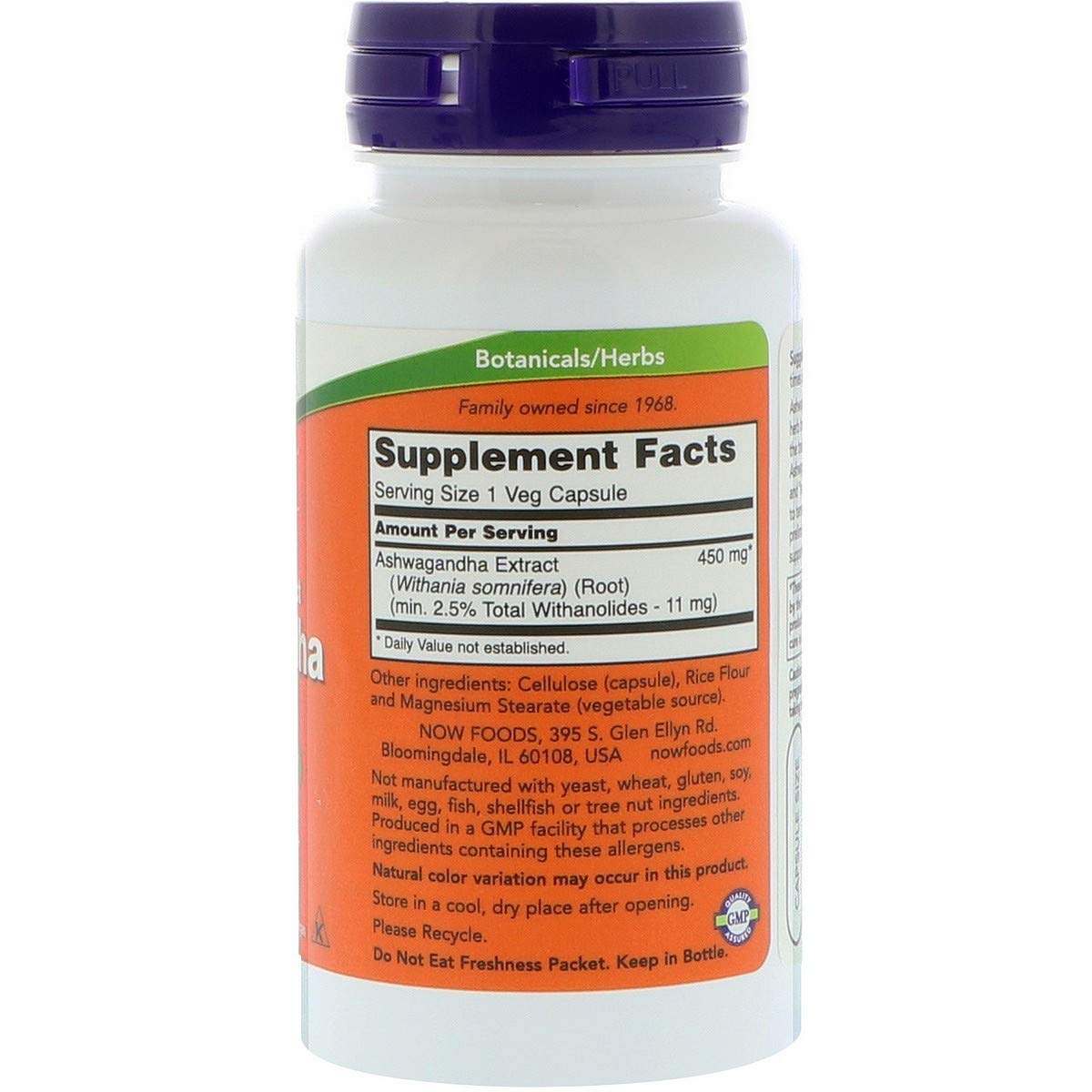 NOW white supplement bottle with purple cap showing label and Supplement Facts for Ashwagandha capsules 450 mg
