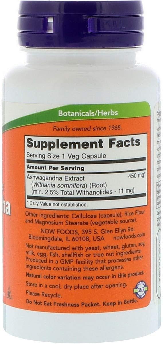 NOW Ashwagandha capsules 450 mg. white bottle with purple cap and supplement facts label showing 450 mg per veg capsule