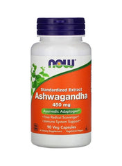 NOW Foods Ashwagandha Capsules 450mg for stress relief and immune support in a 90 count bottle