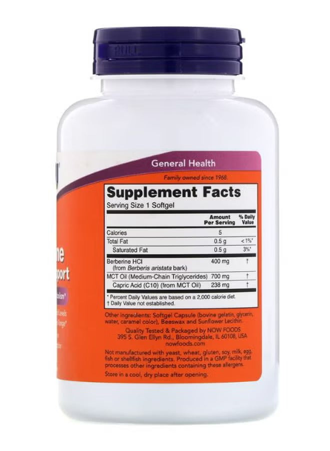 NOW Foods Berberine glucose support supplement softgels with nutritional information on the label