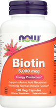 Biotin 5,000 mcg supplement bottle with pink label, 120 veg capsules