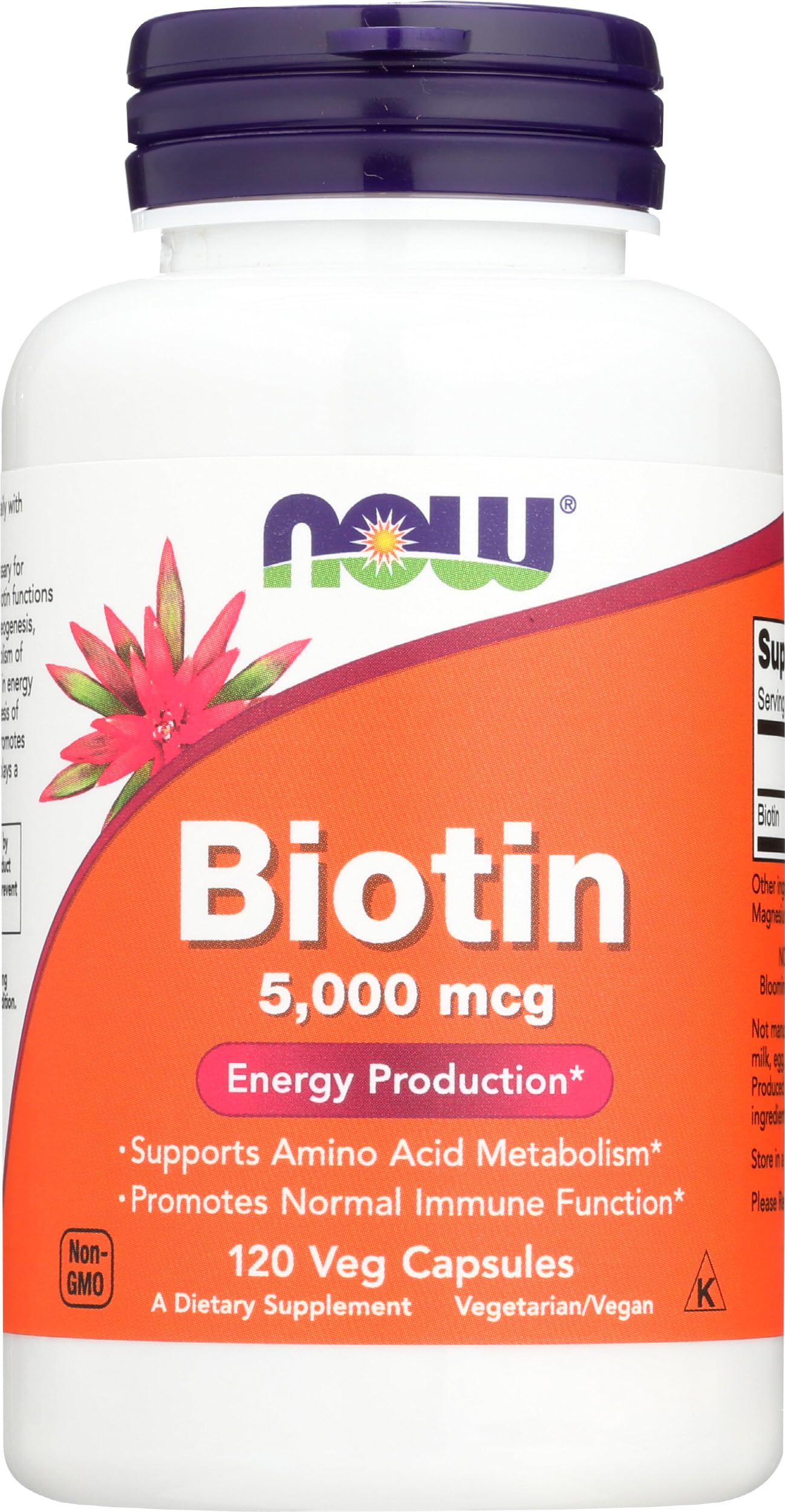 NOW Biotin 5000 mcg capsules in a 120 count bottle for energy production and immune support
