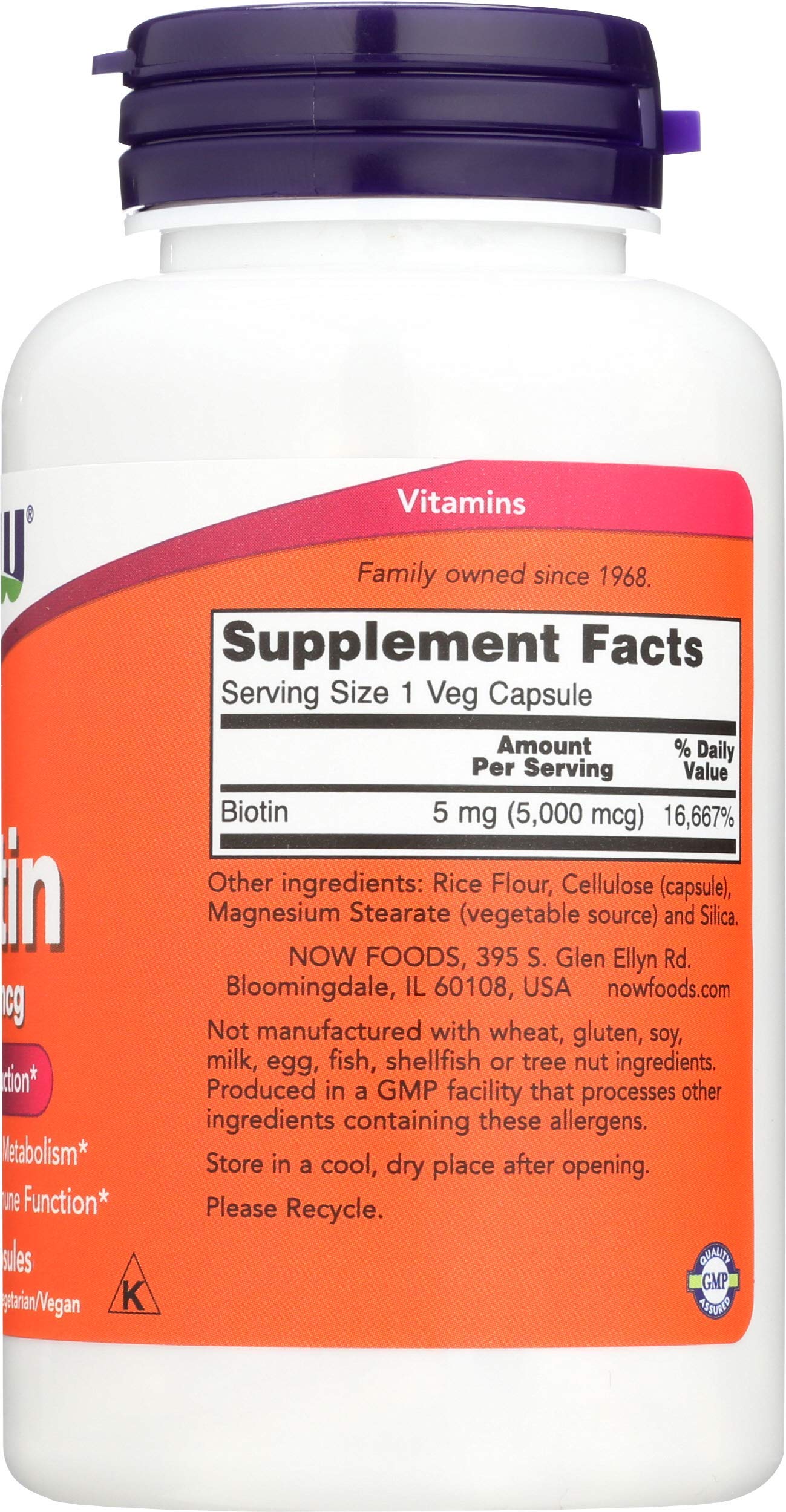 NOW Biotin 5000 mcg capsules in a bottle with supplement facts panel for healthy hair and skin