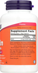 NOW Biotin 5000 mcg capsules in a bottle with supplement facts panel for healthy hair and skin