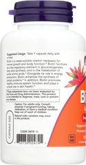 Now Biotin 5000 mcg capsules bottle with suggested usage and benefits for healthy hair and skin