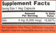 NOW Biotin 5000 mcg capsules labeled with supplement facts and serving size information
