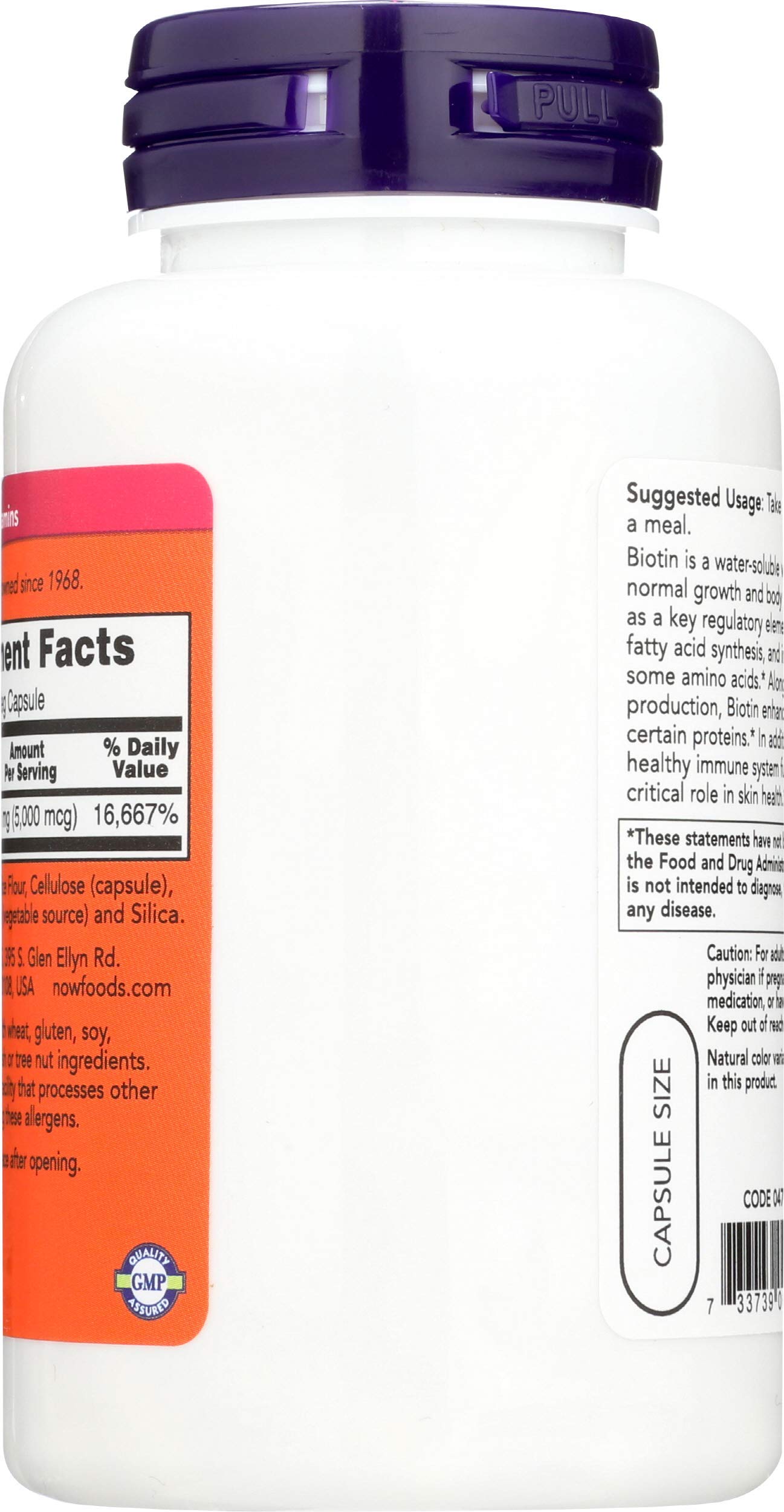NOW Biotin 5000 mcg capsules bottle with detailed supplement facts on the label