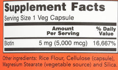 NOW Biotin 5000 mcg capsules nutritional information label for hair, skin, and nail support