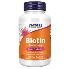 NOW Biotin supplement bottle with orange label biotin 5000mcg capsules 120 veg capsules for energy