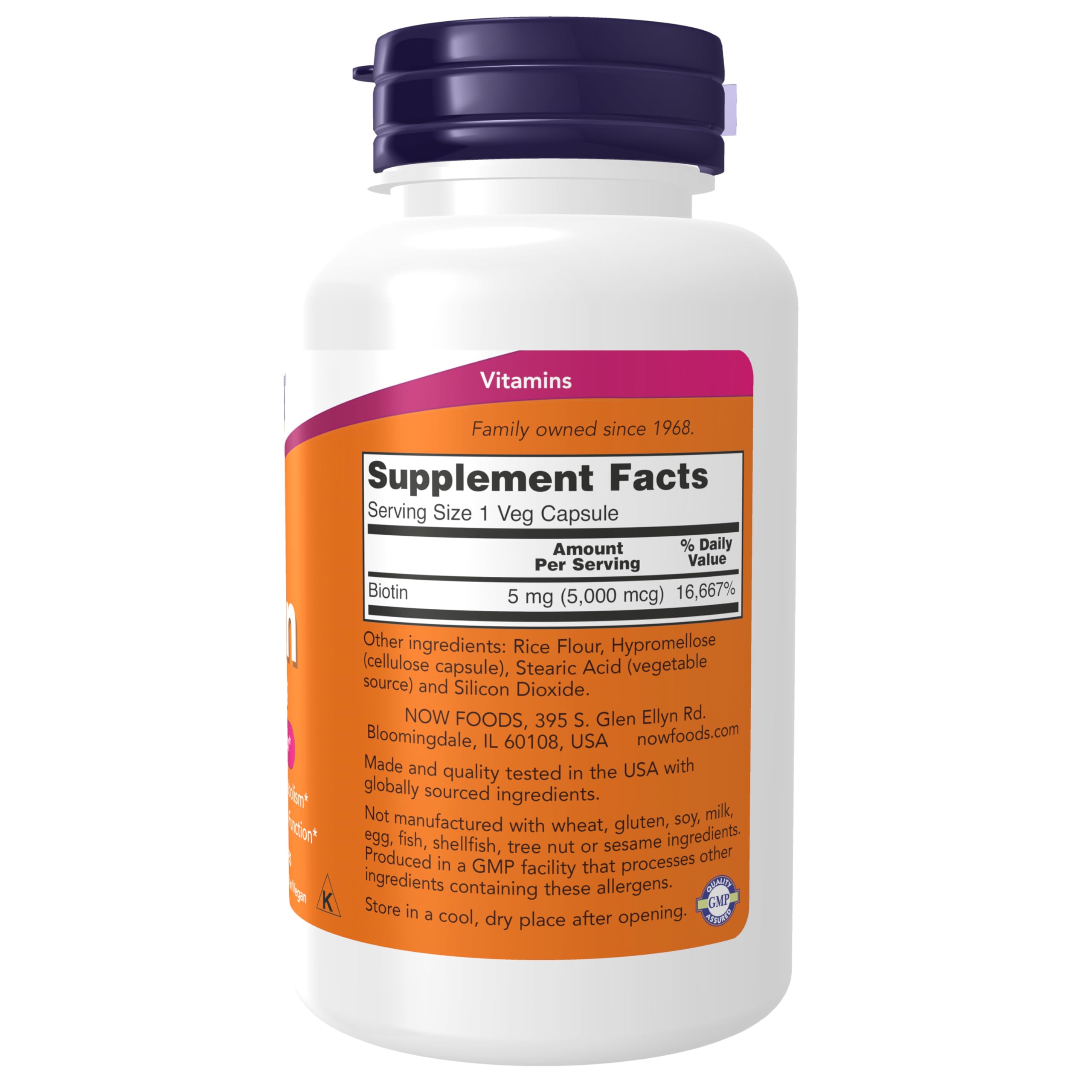 NOW brand white bottle with purple cap and orange label showing biotin 5000mcg capsules supplement facts
