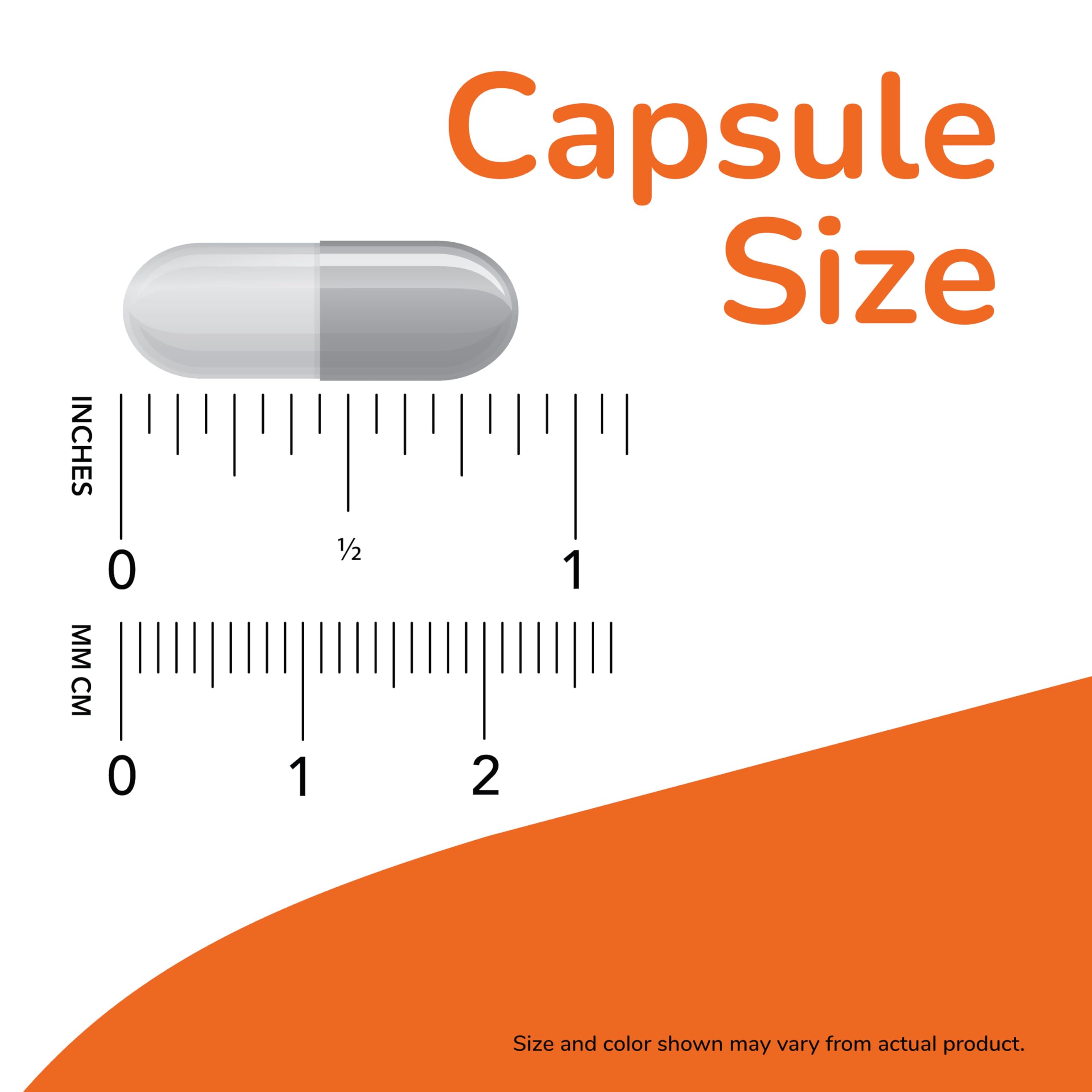 NOW C-1000 and zinc immune support supplement capsule size graphic showing a single white capsule over inch and mm rulers