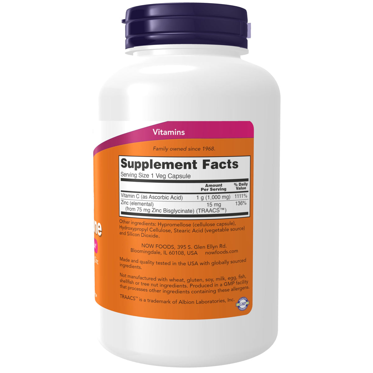 NOW C-1000 and zinc immune support supplement white bottle with purple cap and Supplement Facts label