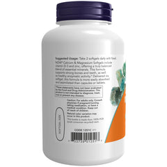 NOW white supplement bottle with purple cap showing label for calcium magnesium vitamin d3 zinc supplement softgels