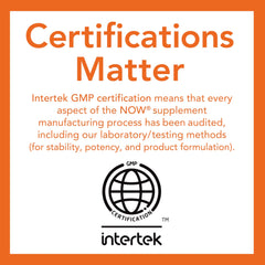 NOW supplement GMP certification seal with Intertek logo emphasizing calcium magnesium vitamin d3 zinc supplement quality assurance