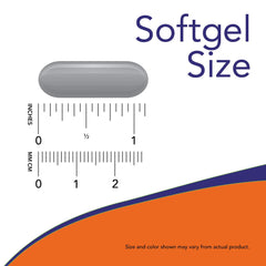 NOW softgel size image showing gray oval capsule with inch and mm rulers for calcium magnesium vitamin d3 zinc supplement