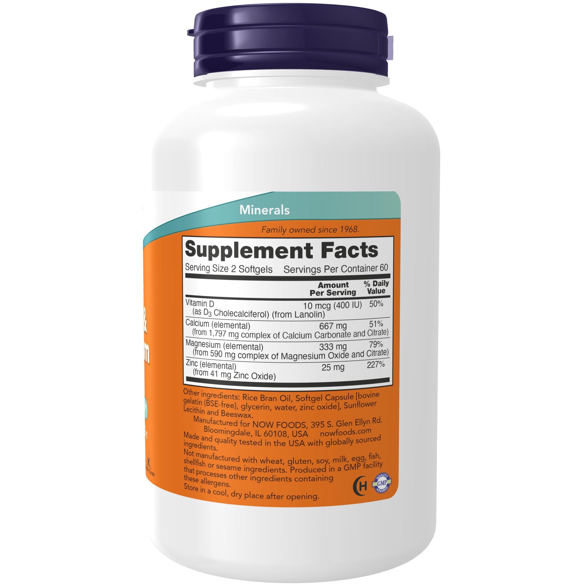NOW supplement bottle showing Supplement Facts label and softgels calcium magnesium vitamin d3 zinc supplement