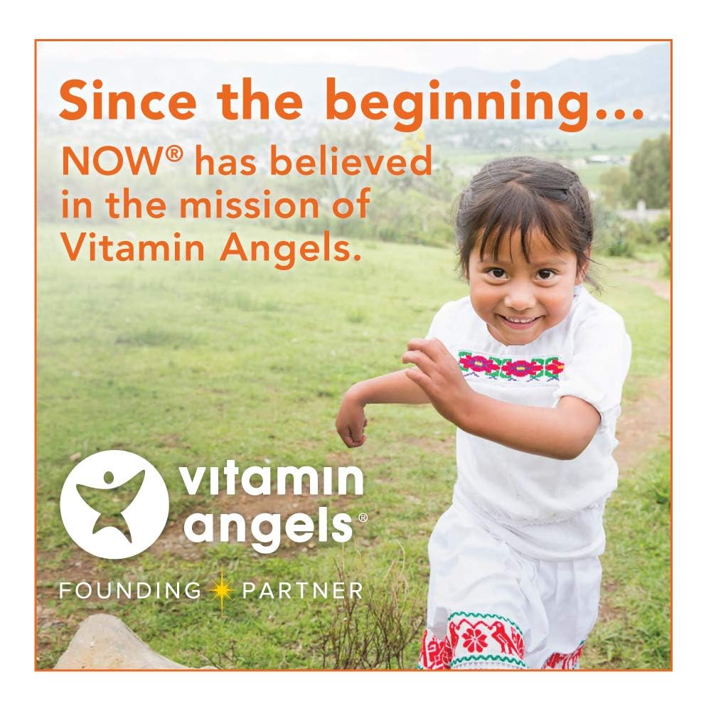 NOW calcium magnesium vitamin d3 zinc supplement promotional image showing smiling child and Vitamin Angels message