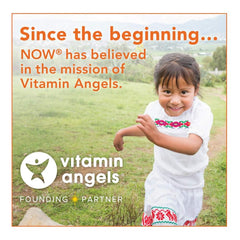 NOW calcium magnesium vitamin d3 zinc supplement promotional image showing smiling child and Vitamin Angels message