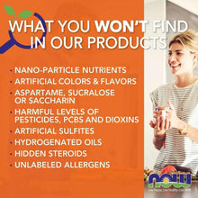 NOW product checklist panel with ingredients claims and woman holding supplement bottle