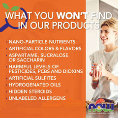 NOW label listing excluded ingredients with smiling woman holding bottle calcium magnesium vitamin d3 zinc supplement