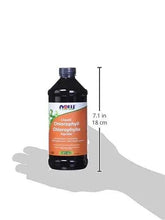 Liquid chlorophyll bottle with size measurement line, dark bottle and blue cap.