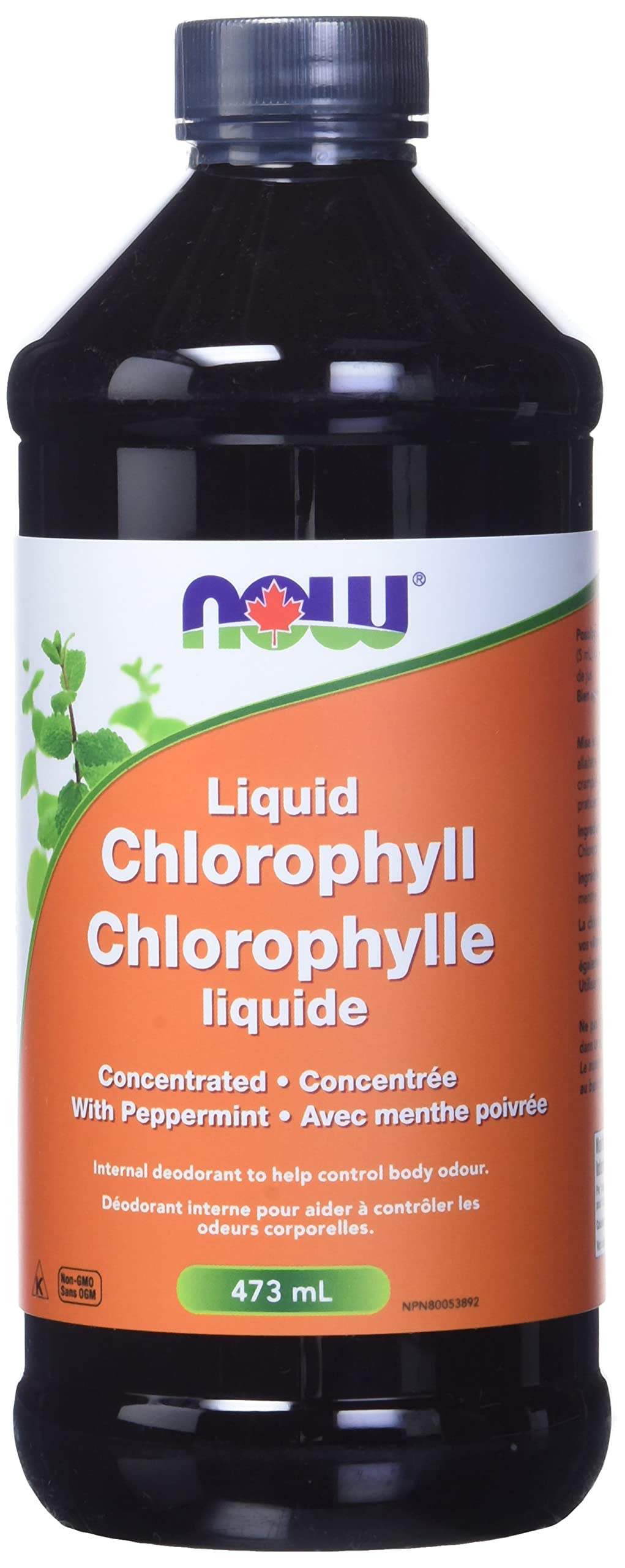 NOW Liquid Chlorophyll 473 mL bottle with peppermint orange label for internal deodorant chlorophyll liquid supplement mint flavor