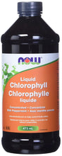 Liquid chlorophyll bottle with mint flavor label, dark bottle and blue cap.