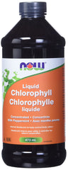 NOW Liquid Chlorophyll 473 mL bottle with peppermint orange label for internal deodorant chlorophyll liquid supplement mint flavor