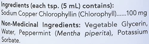 NOW ingredients label showing chlorophyll liquid supplement mint flavor with sodium copper chlorophyllin and peppermint