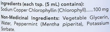 Liquid chlorophyll ingredients panel: sodium copper chlorophyllin, vegetable glycerin, peppermint.