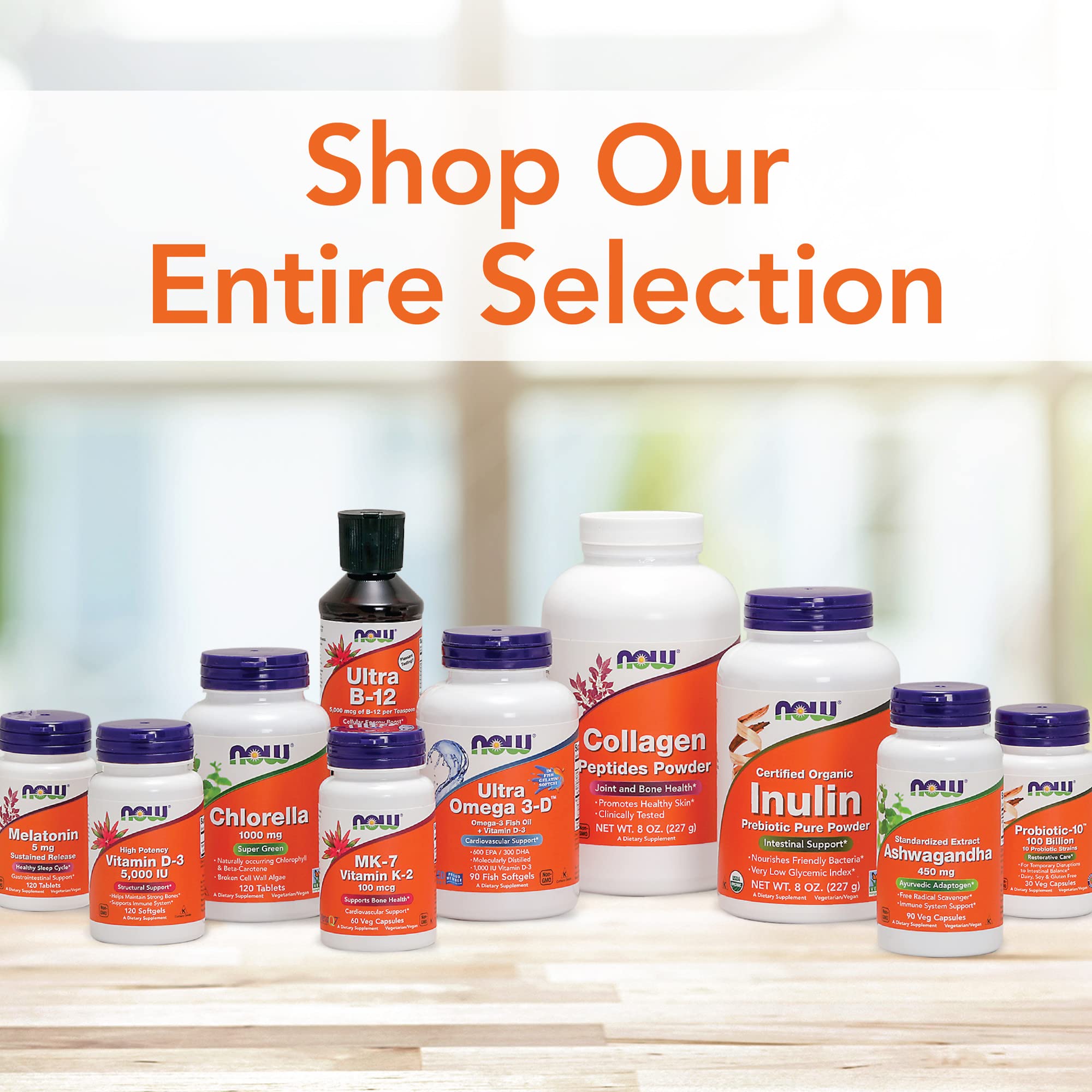 NOW supplement assortment on shelf with bottles including chlorophyll liquid supplement mint flavor promotion