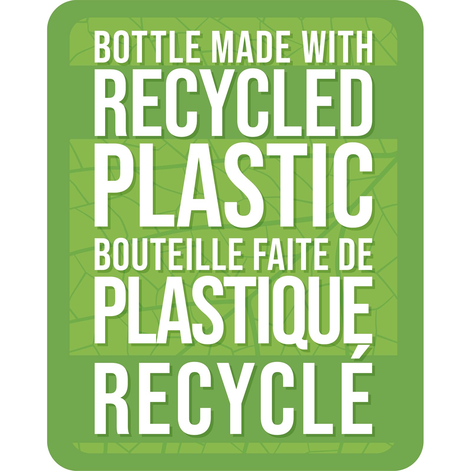 Green label reading Bottle made with recycled plastic in English and French for chlorophyll liquid supplement mint flavor