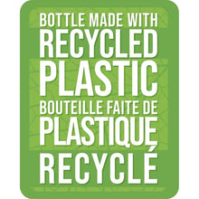 Recyclable plastic bottle badge reading 'Bottle made with recycled plastic'.
