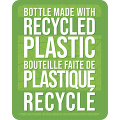 Green label reading Bottle made with recycled plastic in English and French for chlorophyll liquid supplement mint flavor