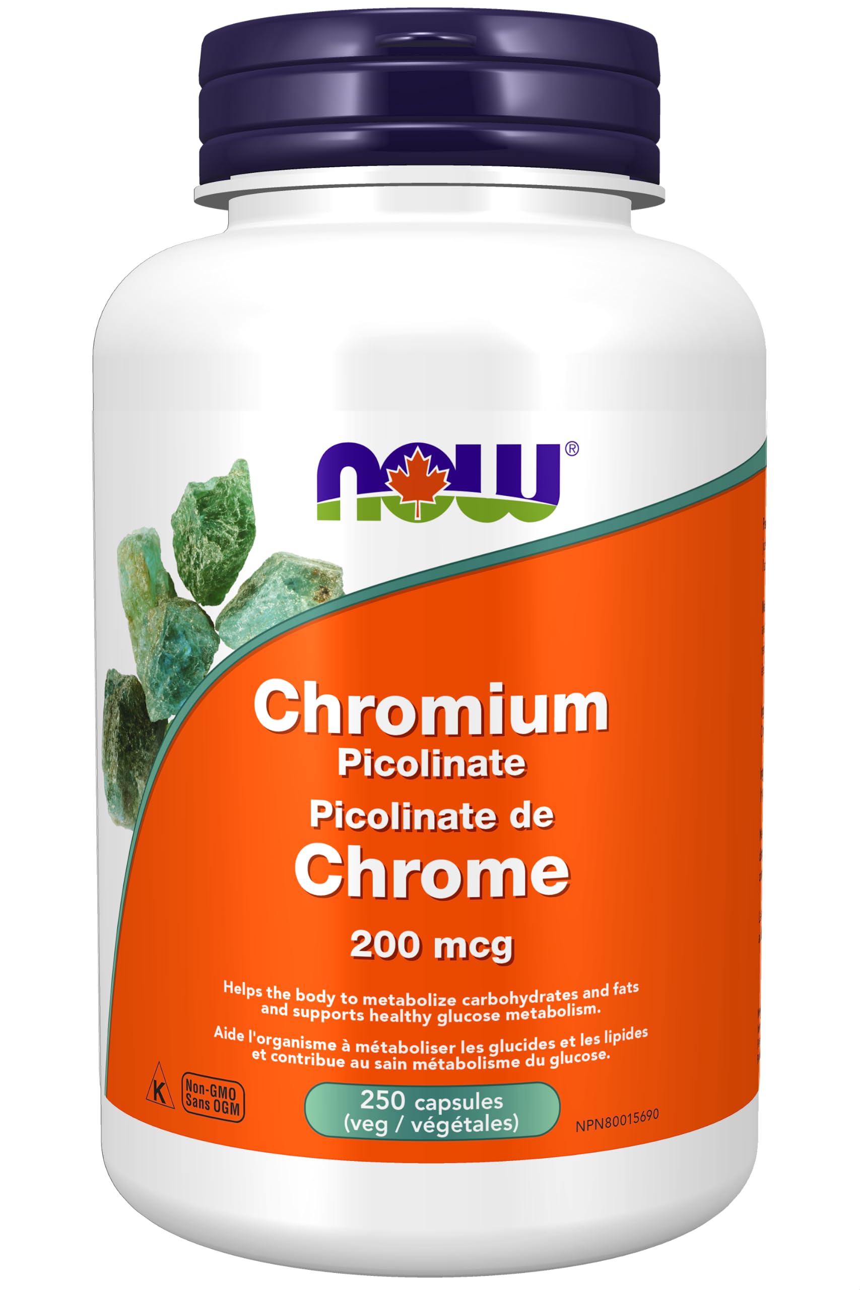 NOW Foods Chromium Picolinate 200 mcg capsules in a 250-count bottle for metabolism support