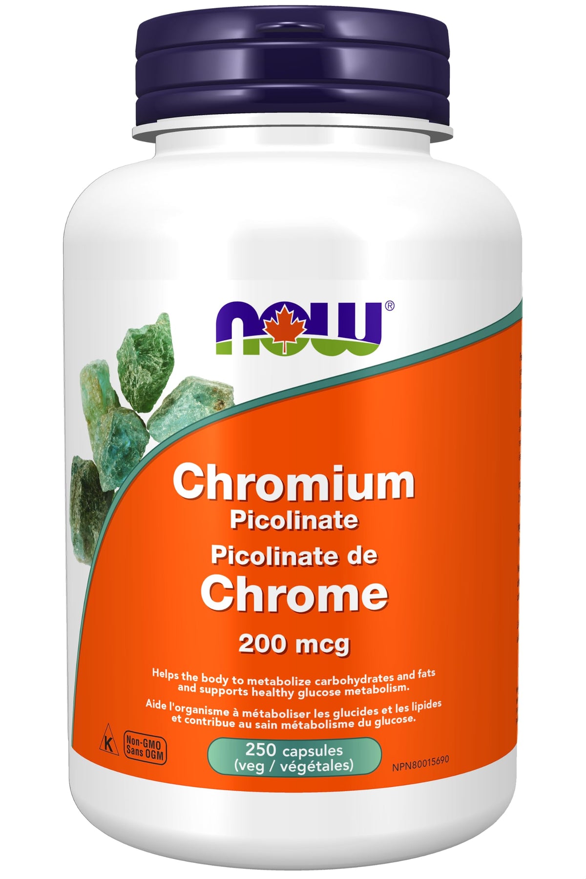 NOW Foods Chromium Picolinate 200 mcg capsules in a 250-count bottle for metabolism support