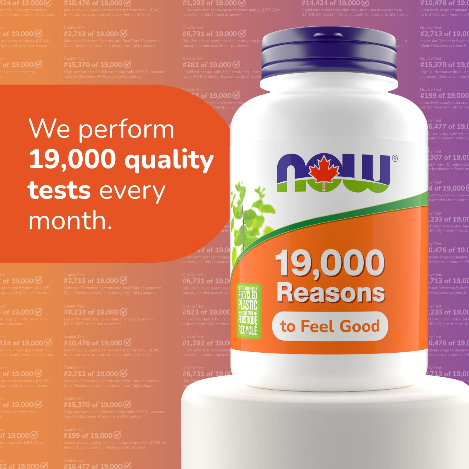 NOW Foods Chromium Picolinate 200 mcg Capsules on display with quality testing information